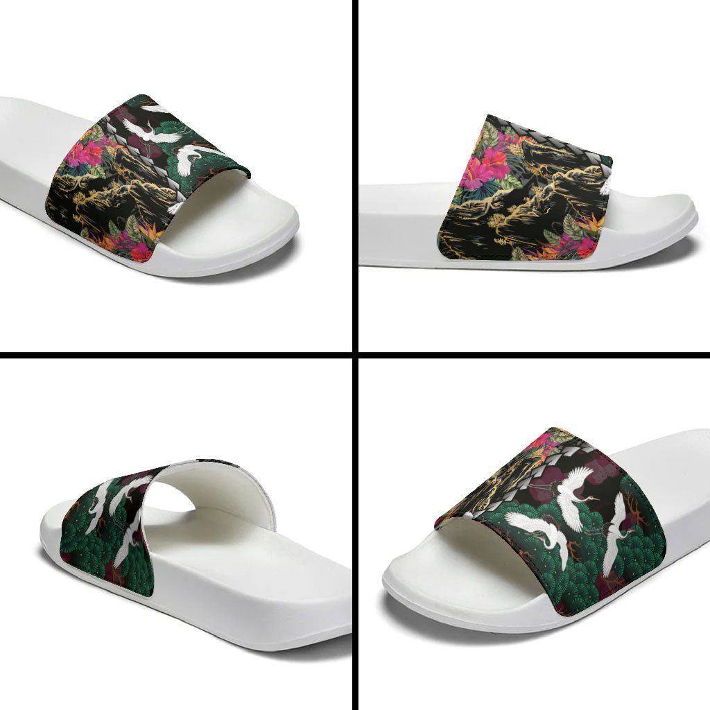 Hawaiian and Japanese Culture Slide Sandals Crane Sakura Hibiscus Tropical Vibes