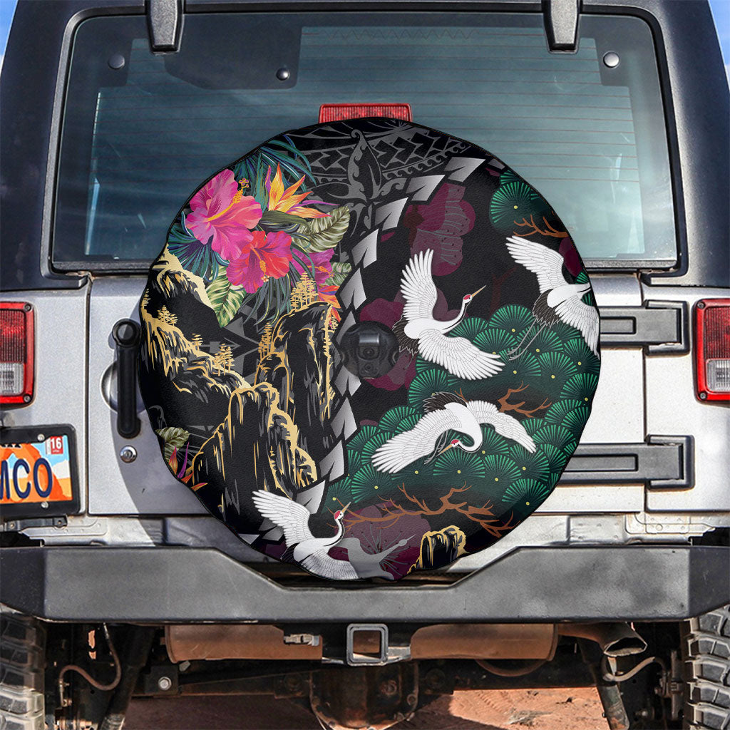 Hawaiian and Japanese Culture Spare Tire Cover Crane Sakura Hibiscus Tropical Vibes
