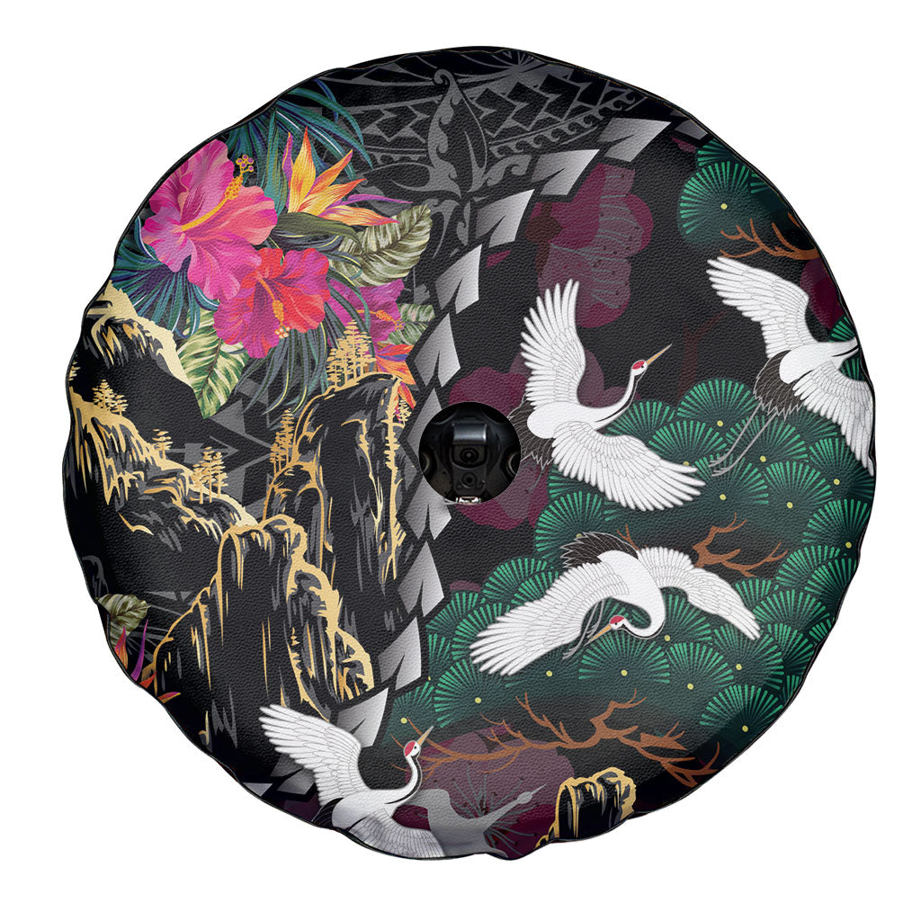 Hawaiian and Japanese Culture Spare Tire Cover Crane Sakura Hibiscus Tropical Vibes