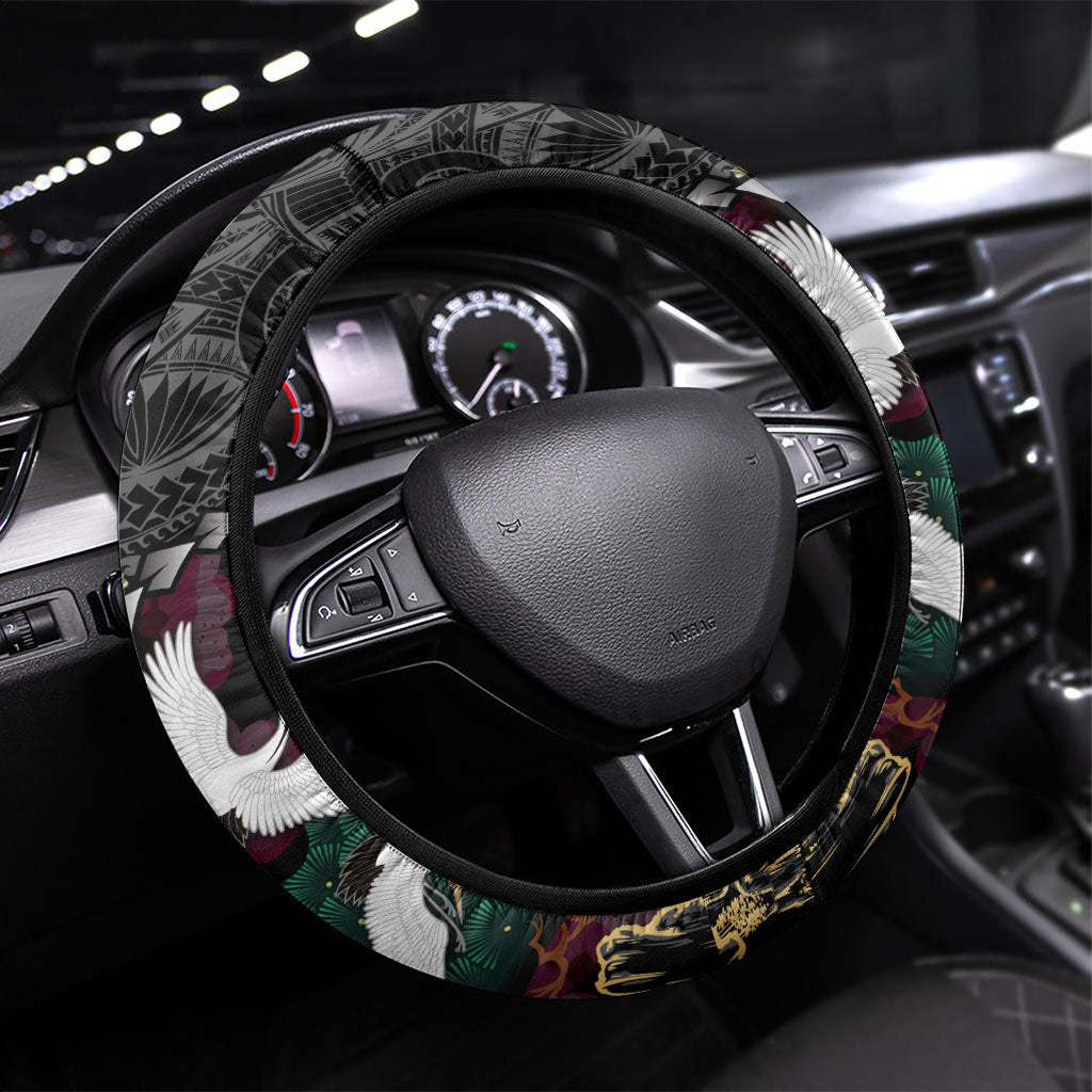 Hawaiian and Japanese Culture Steering Wheel Cover Crane Sakura Hibiscus Tropical Vibes