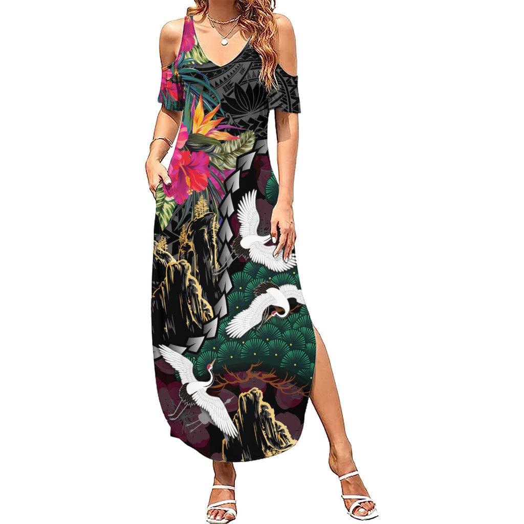 Hawaiian and Japanese Culture Summer Maxi Dress Crane Sakura Hibiscus Tropical Vibes