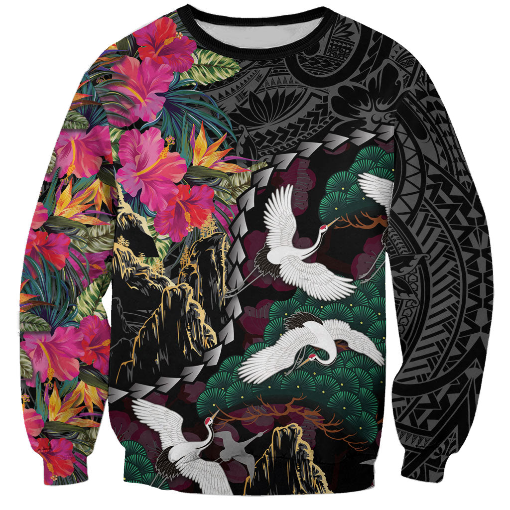 Hawaiian and Japanese Culture Sweatshirt Crane Sakura Hibiscus Tropical Vibes LT14 Unisex Black - Polynesian Pride