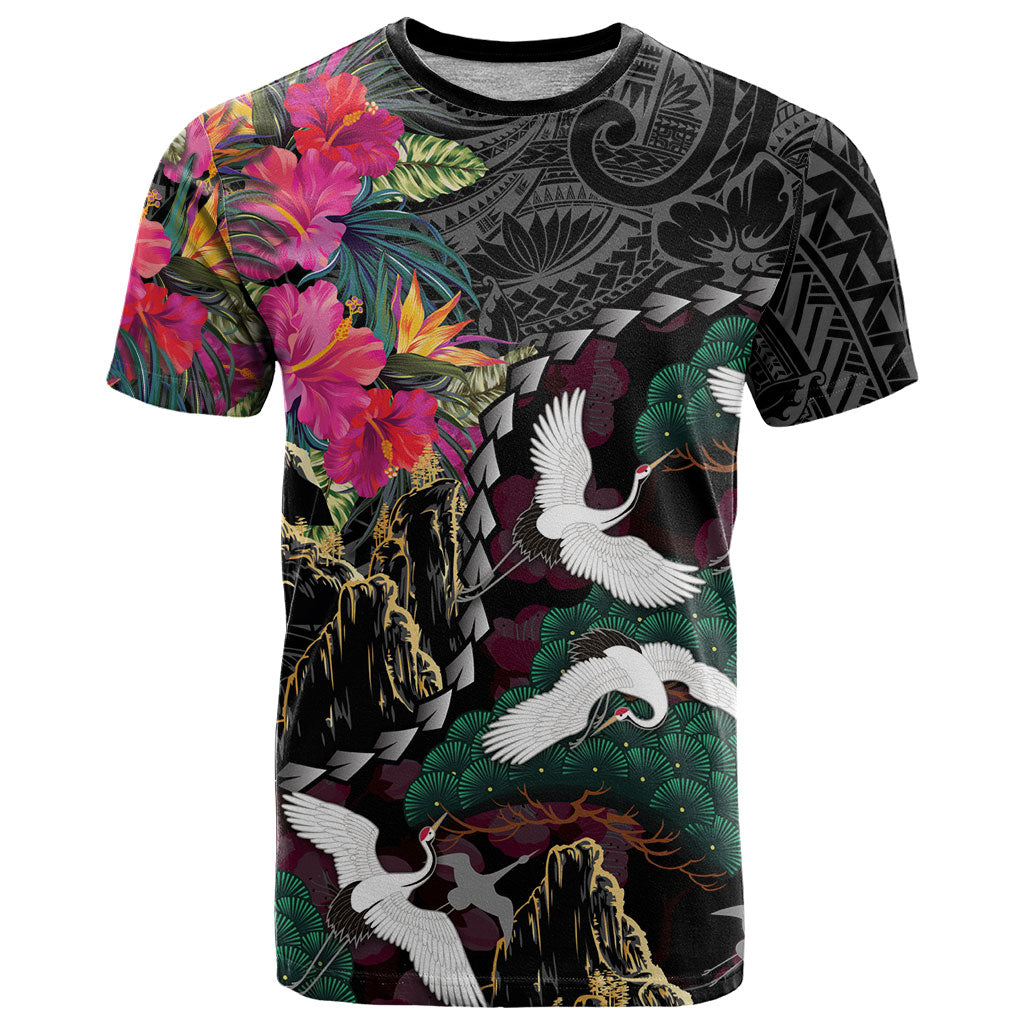 Hawaiian and Japanese Culture T Shirt Crane Sakura Hibiscus Tropical Vibes