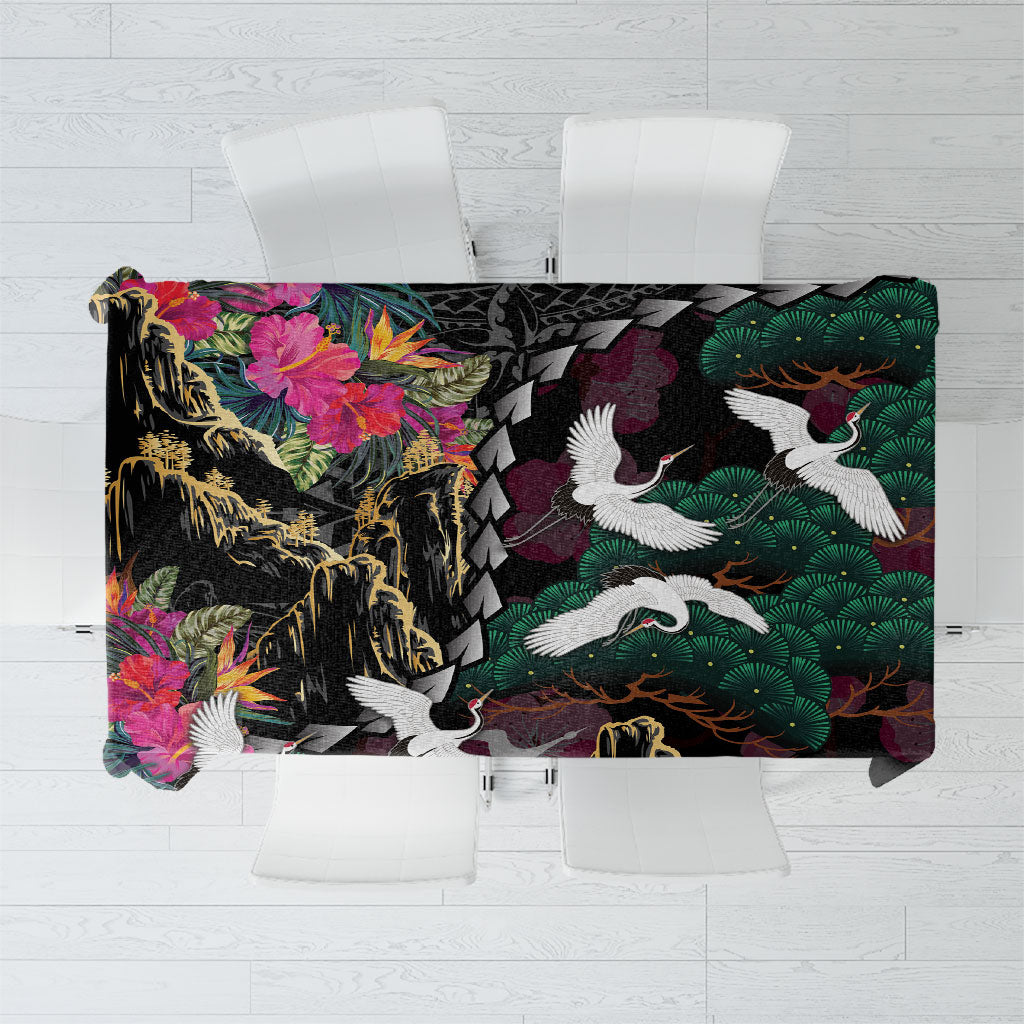 Hawaiian and Japanese Culture Tablecloth Crane Sakura Hibiscus Tropical Vibes LT14 Black - Polynesian Pride