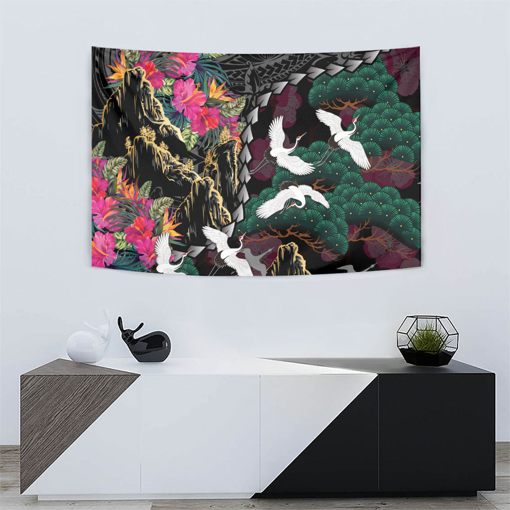 Hawaiian and Japanese Culture Tapestry Crane Sakura Hibiscus Tropical Vibes