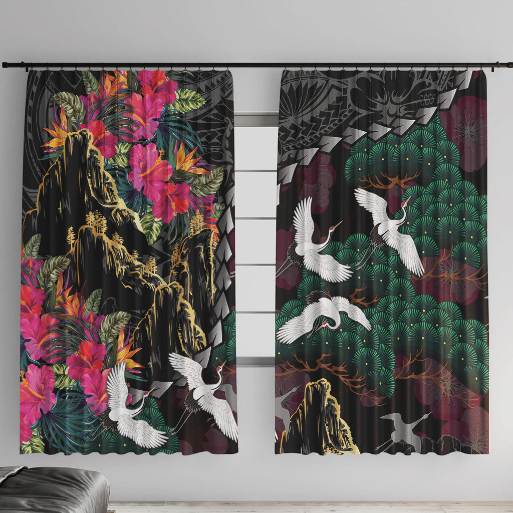Hawaiian and Japanese Culture Window Curtain Crane Sakura Hibiscus Tropical Vibes LT14 With Hooks Black - Polynesian Pride