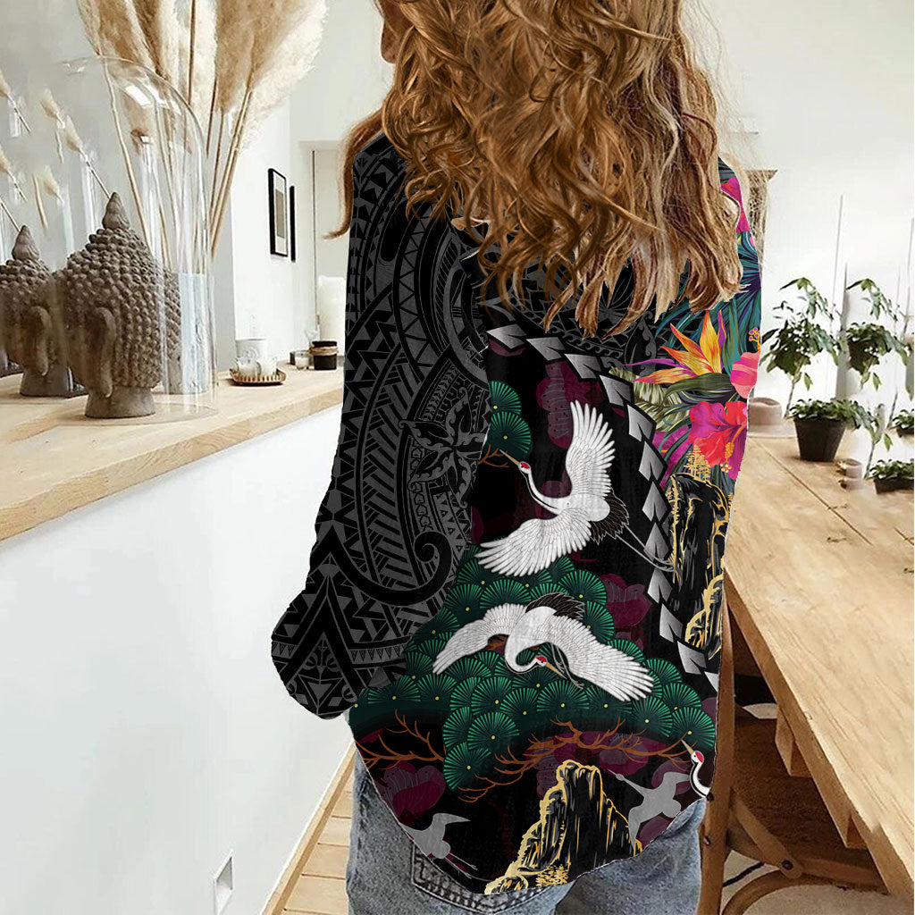 Hawaiian and Japanese Culture Women Casual Shirt Crane Sakura Hibiscus Tropical Vibes