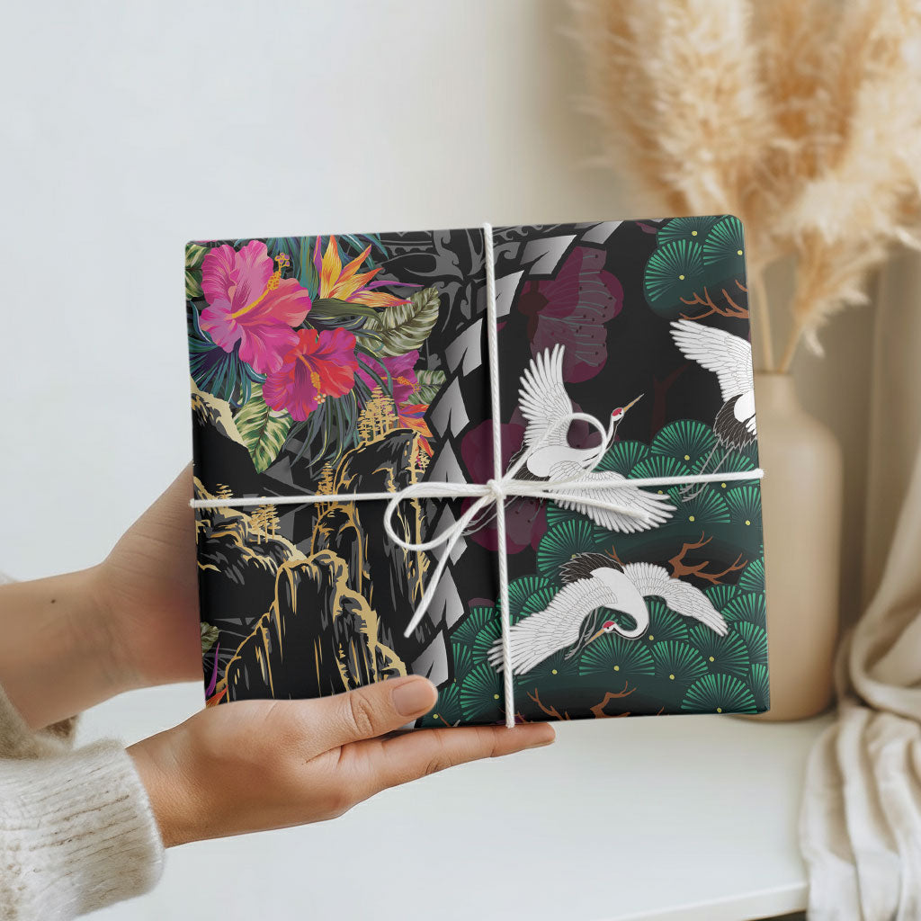 Hawaiian and Japanese Culture Wrapping Paper Crane Sakura Hibiscus Tropical Vibes