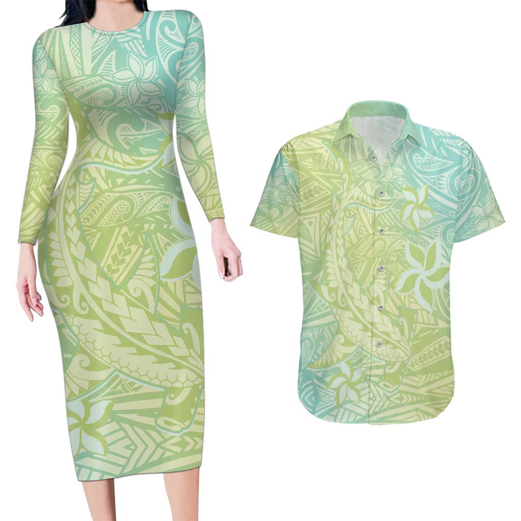 Baby Green Gradient Polynesia Couples Matching Long Sleeve Bodycon Dress and Hawaiian Shirt Hawaiian Tribal Hammerhead Shark Tattoo