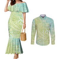 Baby Green Gradient Polynesia Couples Matching Mermaid Dress and Long Sleeve Button Shirt Hawaiian Tribal Hammerhead Shark Tattoo
