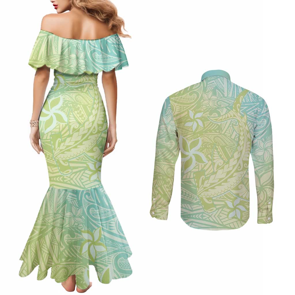 Baby Green Gradient Polynesia Couples Matching Mermaid Dress and Long Sleeve Button Shirt Hawaiian Tribal Hammerhead Shark Tattoo