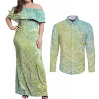 Baby Green Gradient Polynesia Couples Matching Off Shoulder Maxi Dress and Long Sleeve Button Shirt Hawaiian Tribal Hammerhead Shark Tattoo LT14 Baby Green - Polynesian Pride