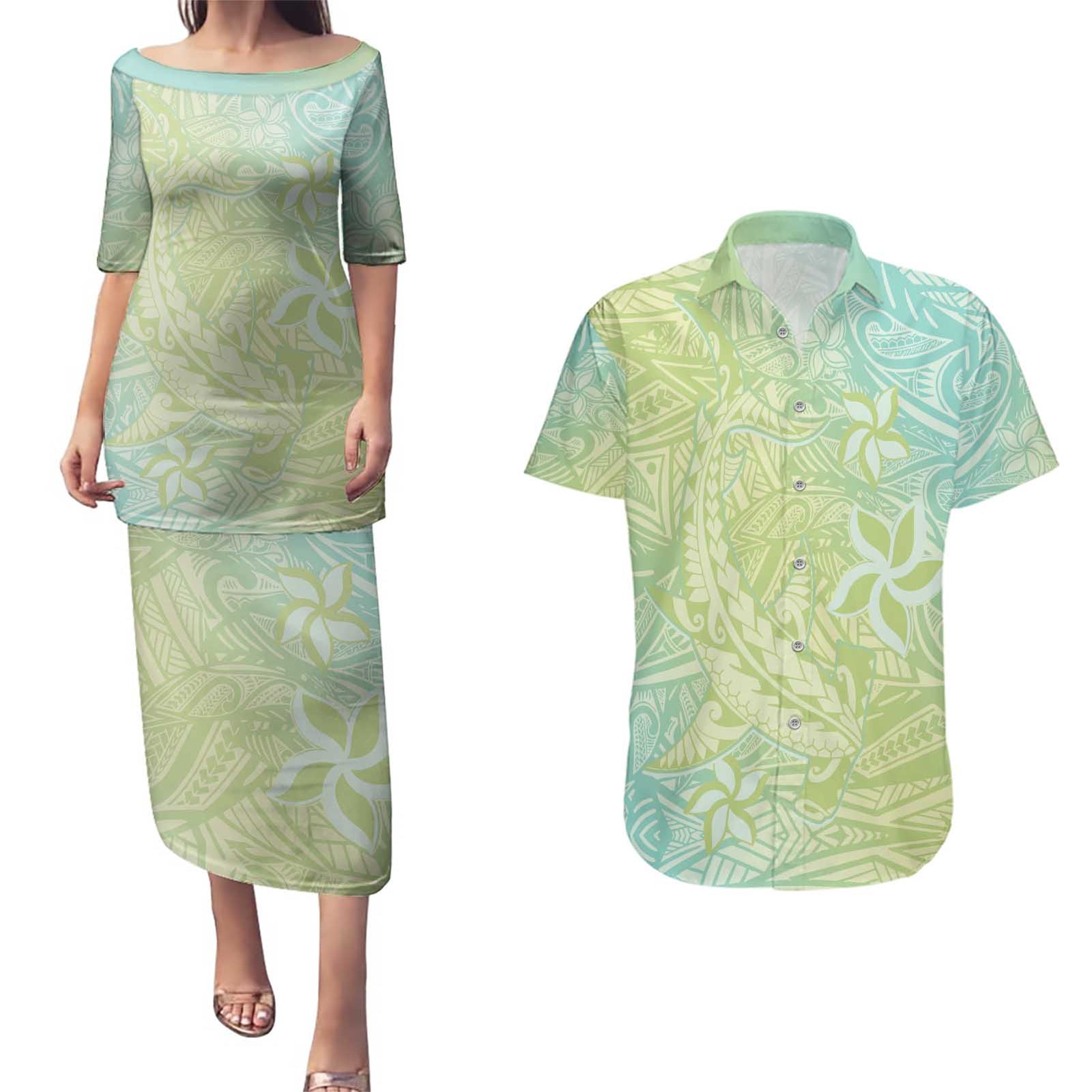 Baby Green Gradient Polynesia Couples Matching Puletasi and Hawaiian Shirt Hawaiian Tribal Hammerhead Shark Tattoo LT14 Baby Green - Polynesian Pride
