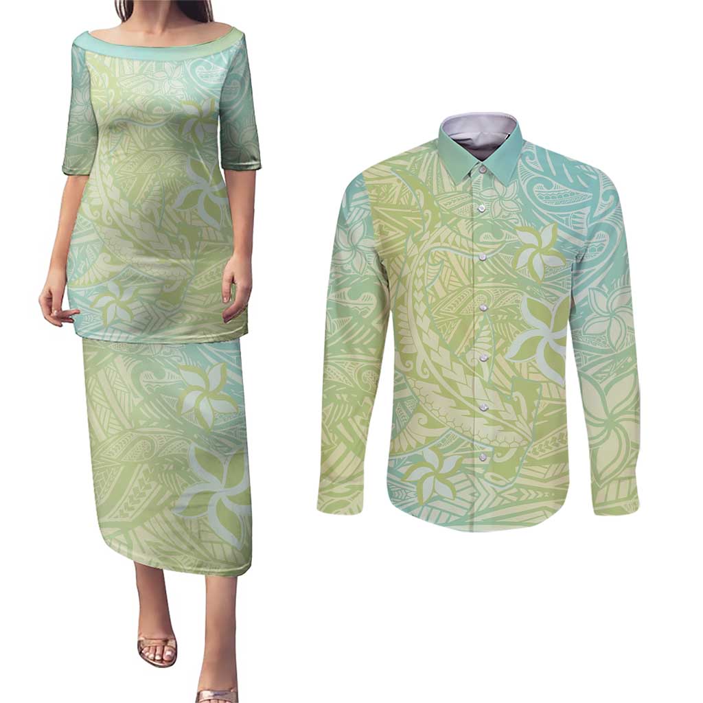 Baby Green Gradient Polynesia Couples Matching Puletasi and Long Sleeve Button Shirt Hawaiian Tribal Hammerhead Shark Tattoo
