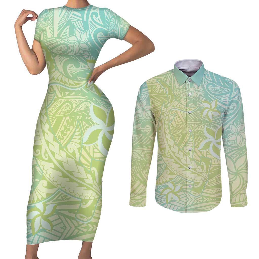 Baby Green Gradient Polynesia Couples Matching Short Sleeve Bodycon Dress and Long Sleeve Button Shirt Hawaiian Tribal Hammerhead Shark Tattoo LT14 Baby Green - Polynesian Pride