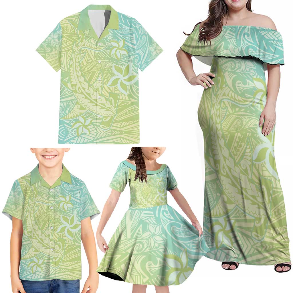 Baby Green Gradient Polynesia Family Matching Off Shoulder Maxi Dress and Hawaiian Shirt Hawaiian Tribal Hammerhead Shark Tattoo LT14 - Polynesian Pride