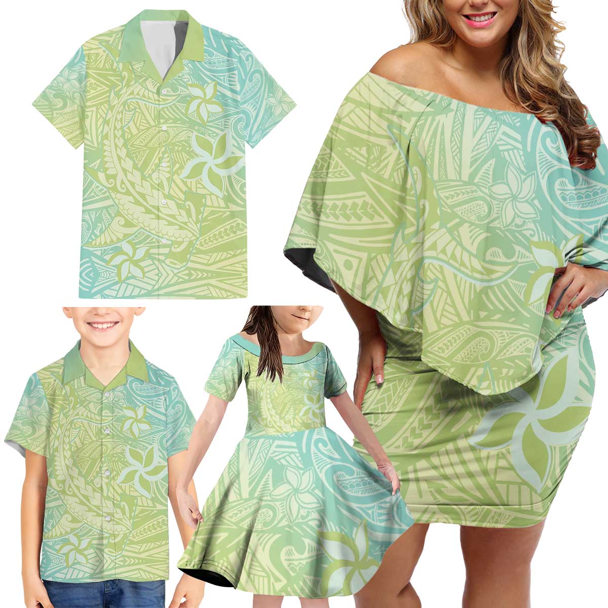 Baby Green Gradient Polynesia Family Matching Off Shoulder Short Dress and Hawaiian Shirt Hawaiian Tribal Hammerhead Shark Tattoo