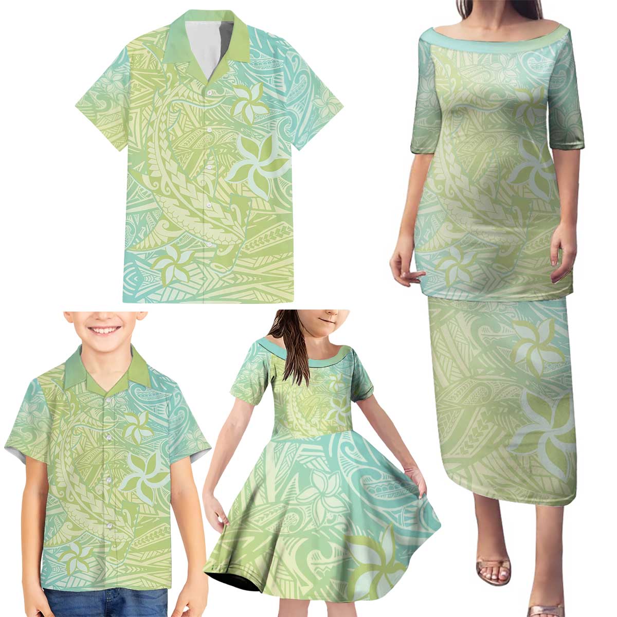 Baby Green Gradient Polynesia Family Matching Puletasi and Hawaiian Shirt Hawaiian Tribal Hammerhead Shark Tattoo