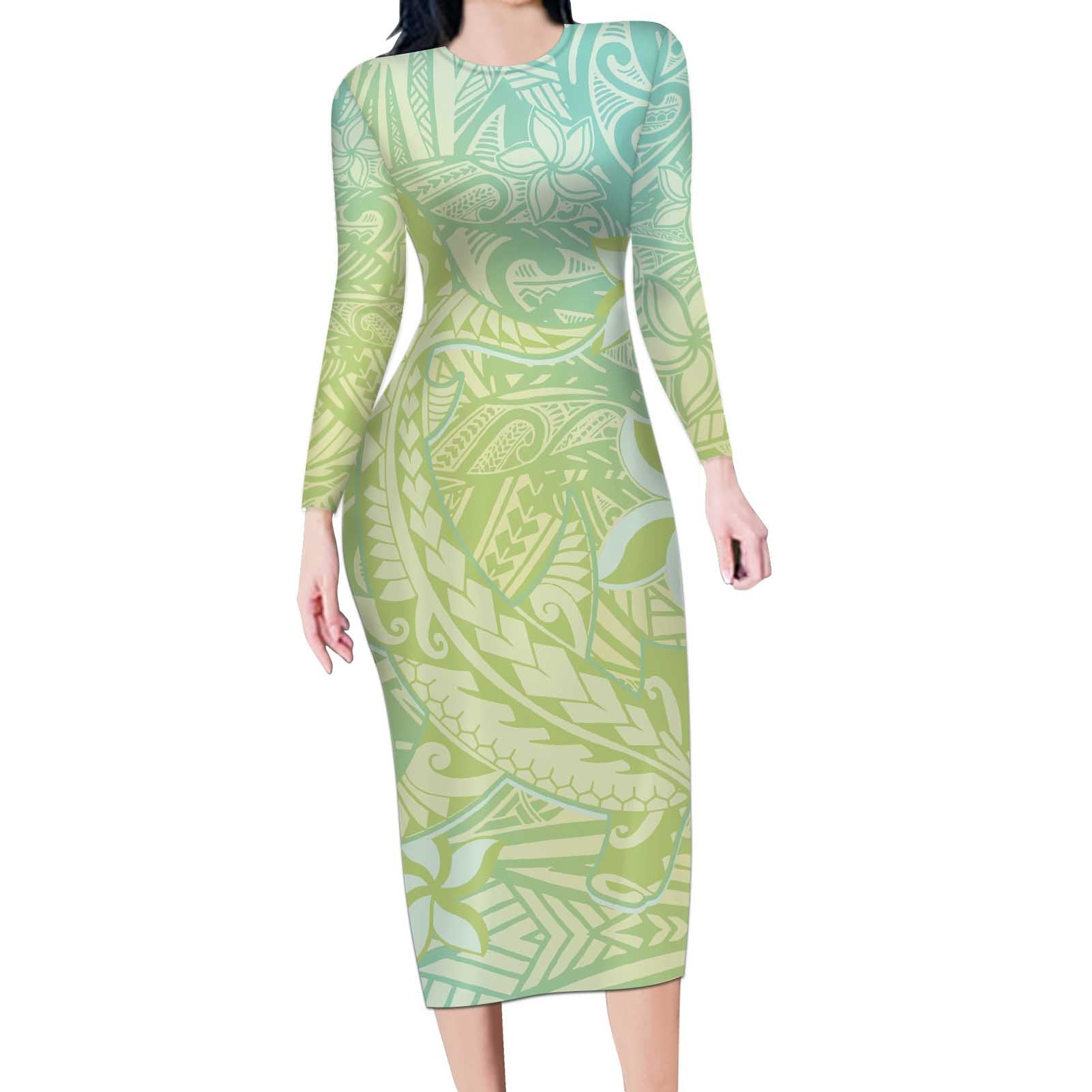 Baby Green Gradient Polynesia Long Sleeve Bodycon Dress Hawaiian Tribal Hammerhead Shark Tattoo