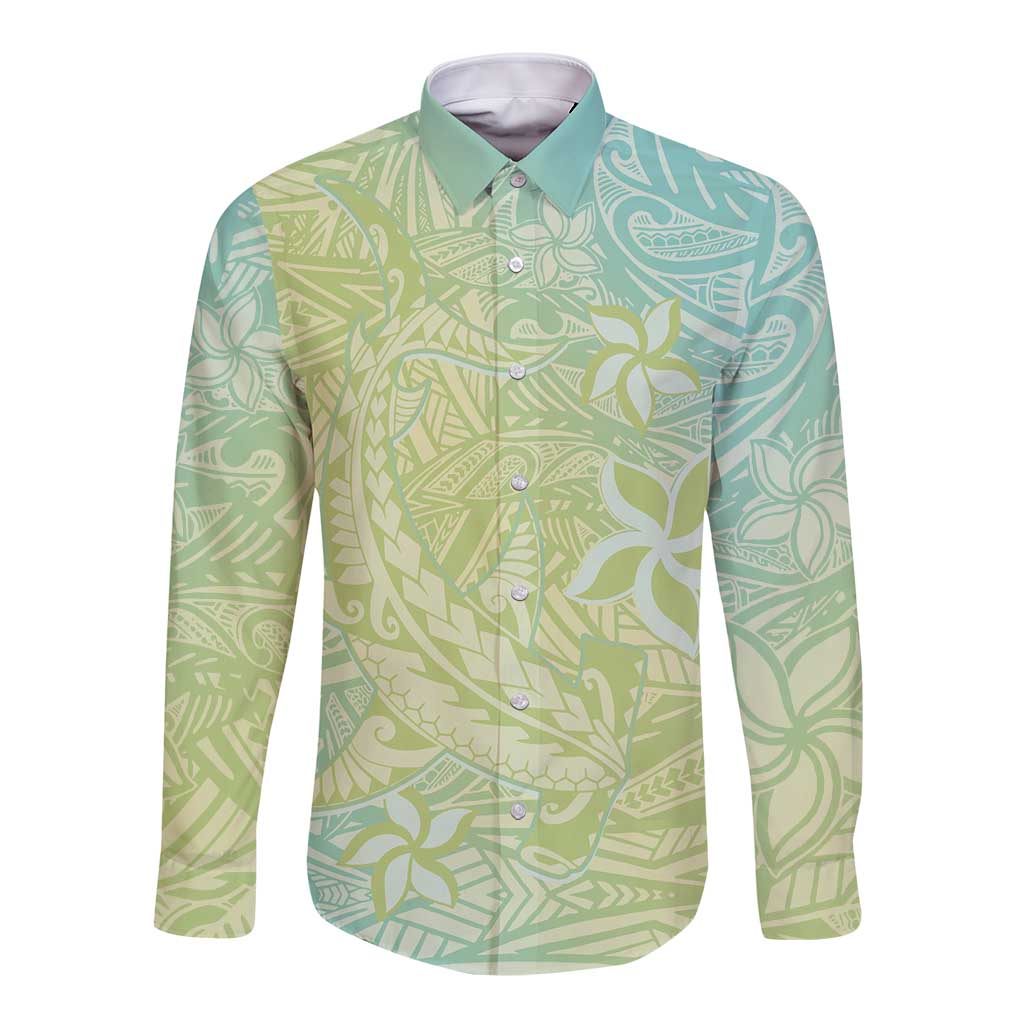 Baby Green Gradient Polynesia Long Sleeve Button Shirt Hawaiian Tribal Hammerhead Shark Tattoo