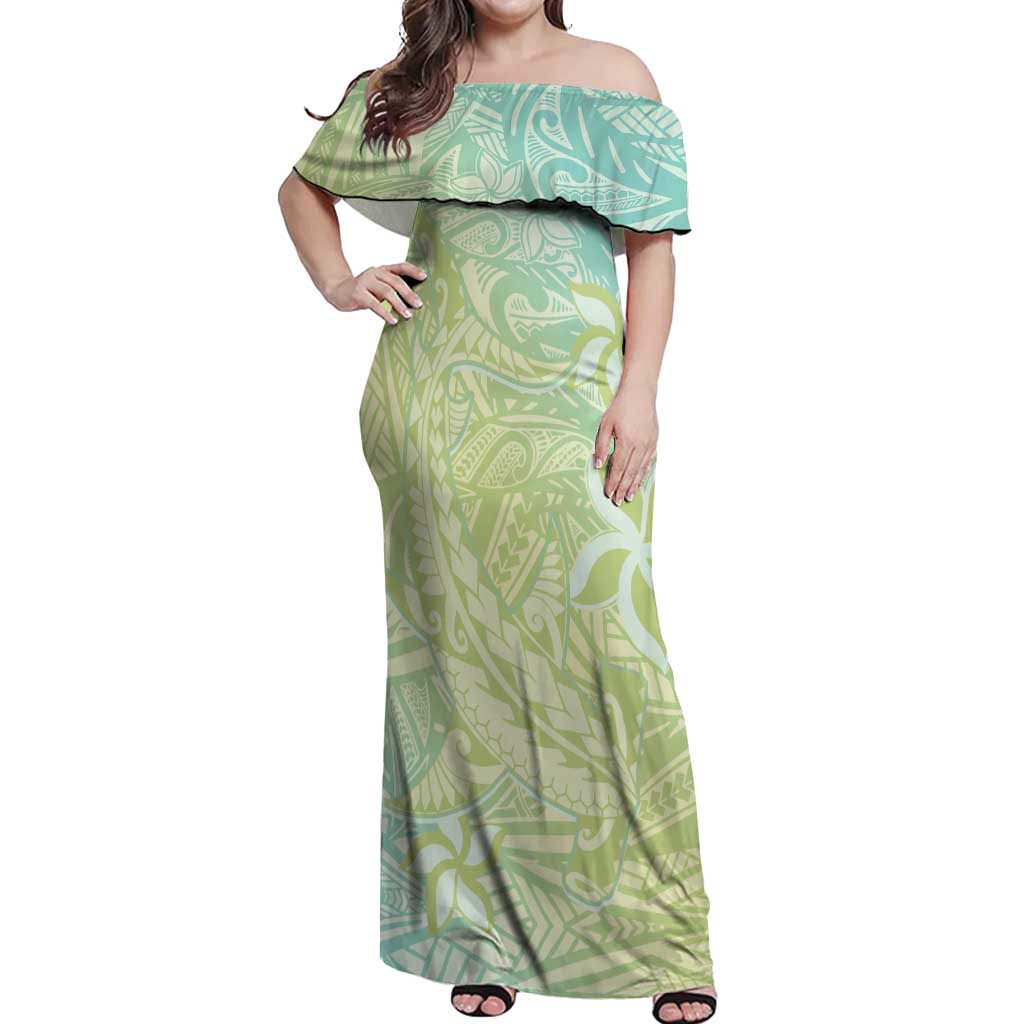Baby Green Gradient Polynesia Off Shoulder Maxi Dress Hawaiian Tribal Hammerhead Shark Tattoo LT14 Women Baby Green - Polynesian Pride