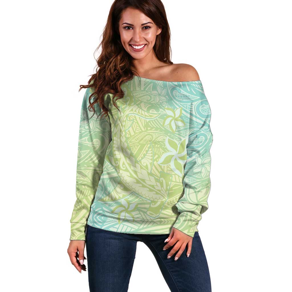 Baby Green Gradient Polynesia Off Shoulder Sweater Hawaiian Tribal Hammerhead Shark Tattoo