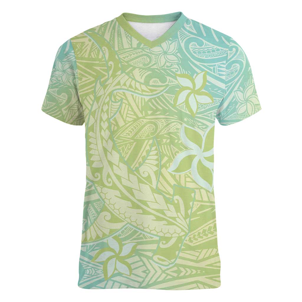 Baby Green Gradient Polynesia Women V-Neck T-Shirt Hawaiian Tribal Hammerhead Shark Tattoo