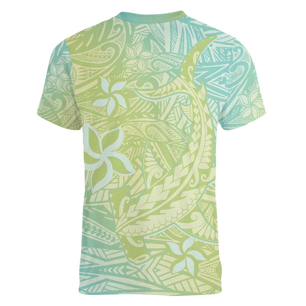 Baby Green Gradient Polynesia Women V-Neck T-Shirt Hawaiian Tribal Hammerhead Shark Tattoo