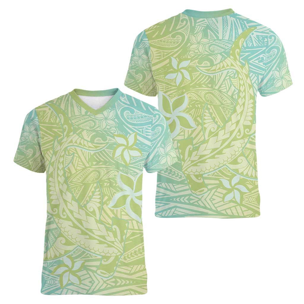 Baby Green Gradient Polynesia Women V-Neck T-Shirt Hawaiian Tribal Hammerhead Shark Tattoo