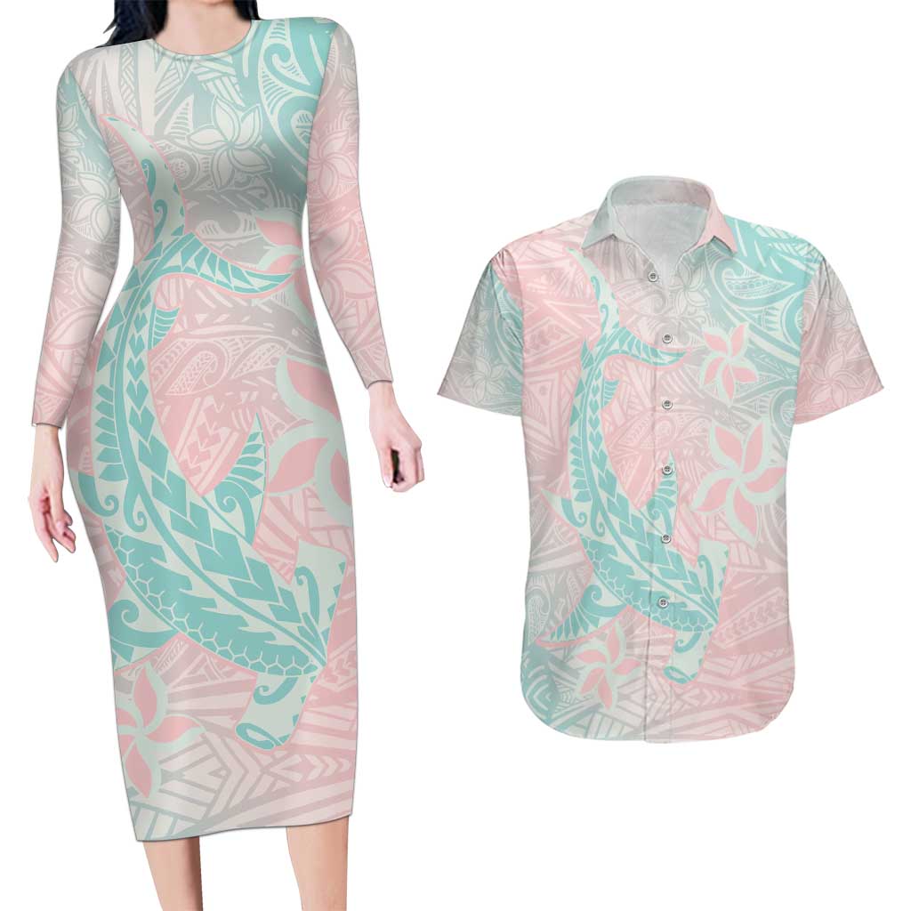 Baby Pink Gradient Polynesia Couples Matching Long Sleeve Bodycon Dress and Hawaiian Shirt Hawaiian Tribal Hammerhead Shark Tattoo LT14 Baby Pink - Polynesian Pride