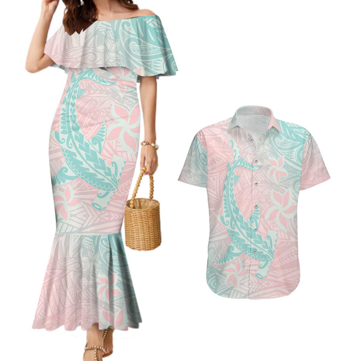 Baby Pink Gradient Polynesia Couples Matching Mermaid Dress and Hawaiian Shirt Hawaiian Tribal Hammerhead Shark Tattoo