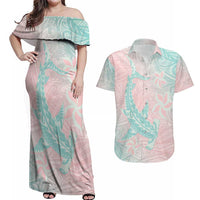 Baby Pink Gradient Polynesia Couples Matching Off Shoulder Maxi Dress and Hawaiian Shirt Hawaiian Tribal Hammerhead Shark Tattoo