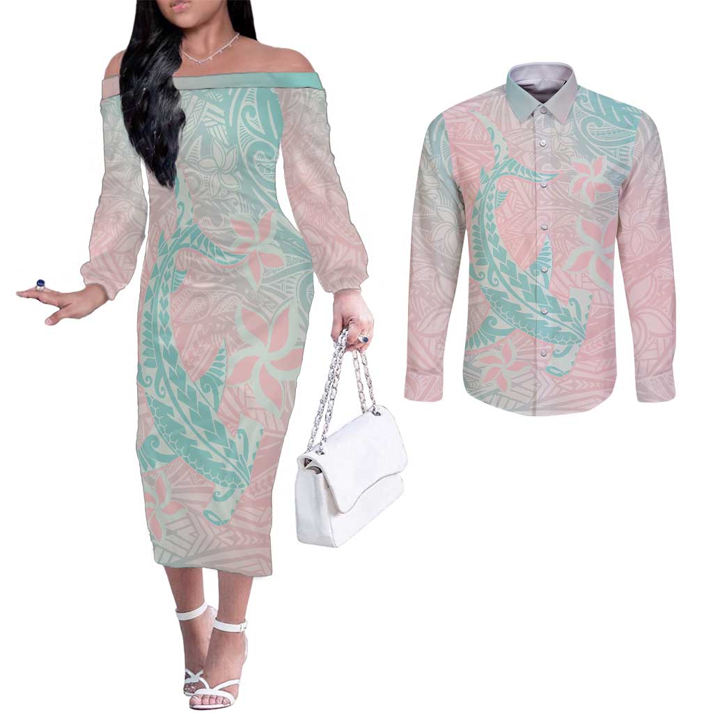 Baby Pink Gradient Polynesia Couples Matching Off The Shoulder Long Sleeve Dress and Long Sleeve Button Shirt Hawaiian Tribal Hammerhead Shark Tattoo LT14 Baby Pink - Polynesian Pride