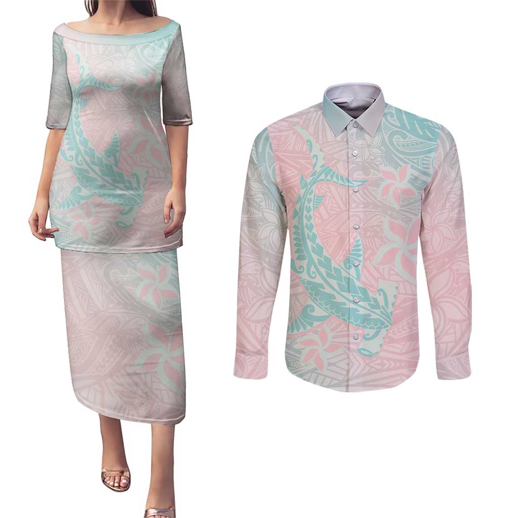 Baby Pink Gradient Polynesia Couples Matching Puletasi and Long Sleeve Button Shirt Hawaiian Tribal Hammerhead Shark Tattoo LT14 Baby Pink - Polynesian Pride