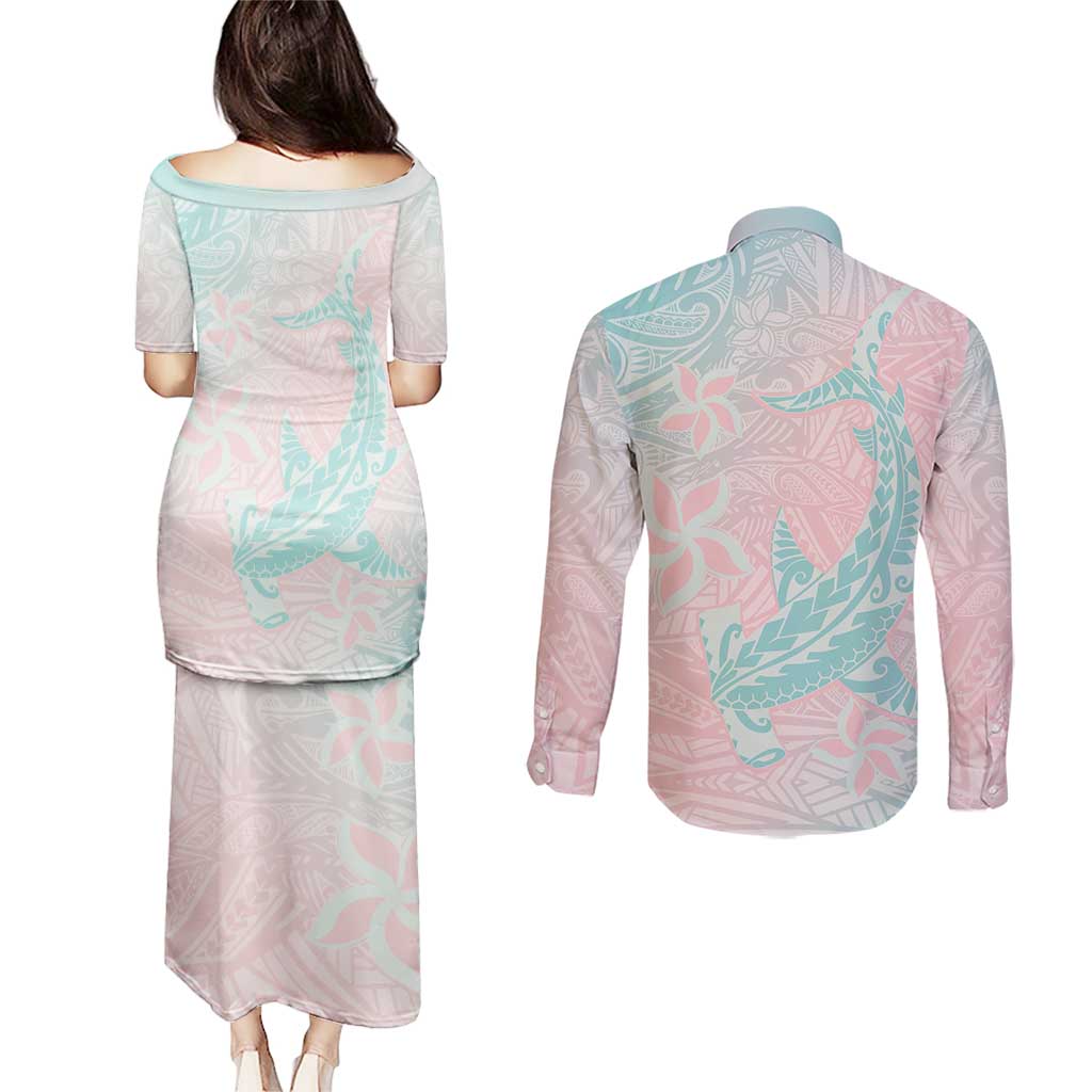 Baby Pink Gradient Polynesia Couples Matching Puletasi and Long Sleeve Button Shirt Hawaiian Tribal Hammerhead Shark Tattoo LT14 - Polynesian Pride