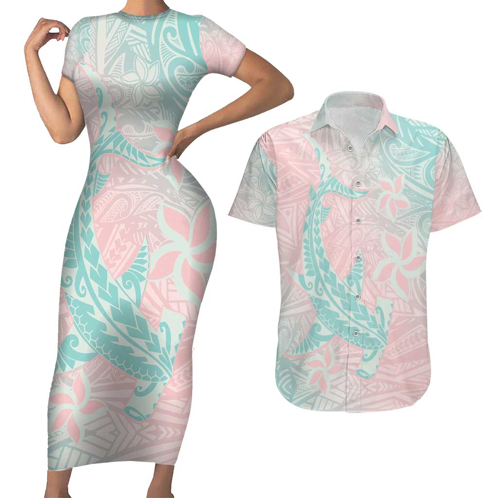 Baby Pink Gradient Polynesia Couples Matching Short Sleeve Bodycon Dress and Hawaiian Shirt Hawaiian Tribal Hammerhead Shark Tattoo