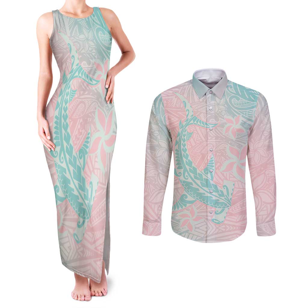 Baby Pink Gradient Polynesia Couples Matching Tank Maxi Dress and Long Sleeve Button Shirt Hawaiian Tribal Hammerhead Shark Tattoo LT14 Baby Pink - Polynesian Pride