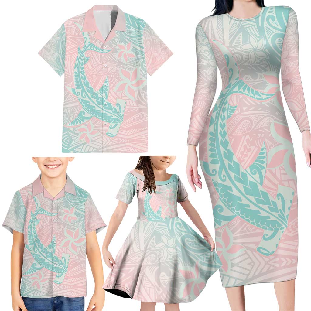 Baby Pink Gradient Polynesia Family Matching Long Sleeve Bodycon Dress and Hawaiian Shirt Hawaiian Tribal Hammerhead Shark Tattoo