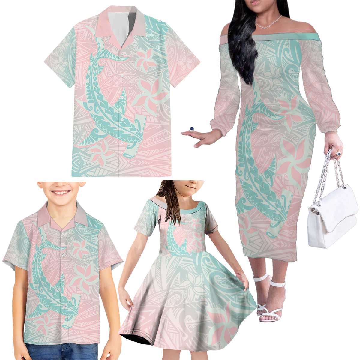 Baby Pink Gradient Polynesia Family Matching Off The Shoulder Long Sleeve Dress and Hawaiian Shirt Hawaiian Tribal Hammerhead Shark Tattoo