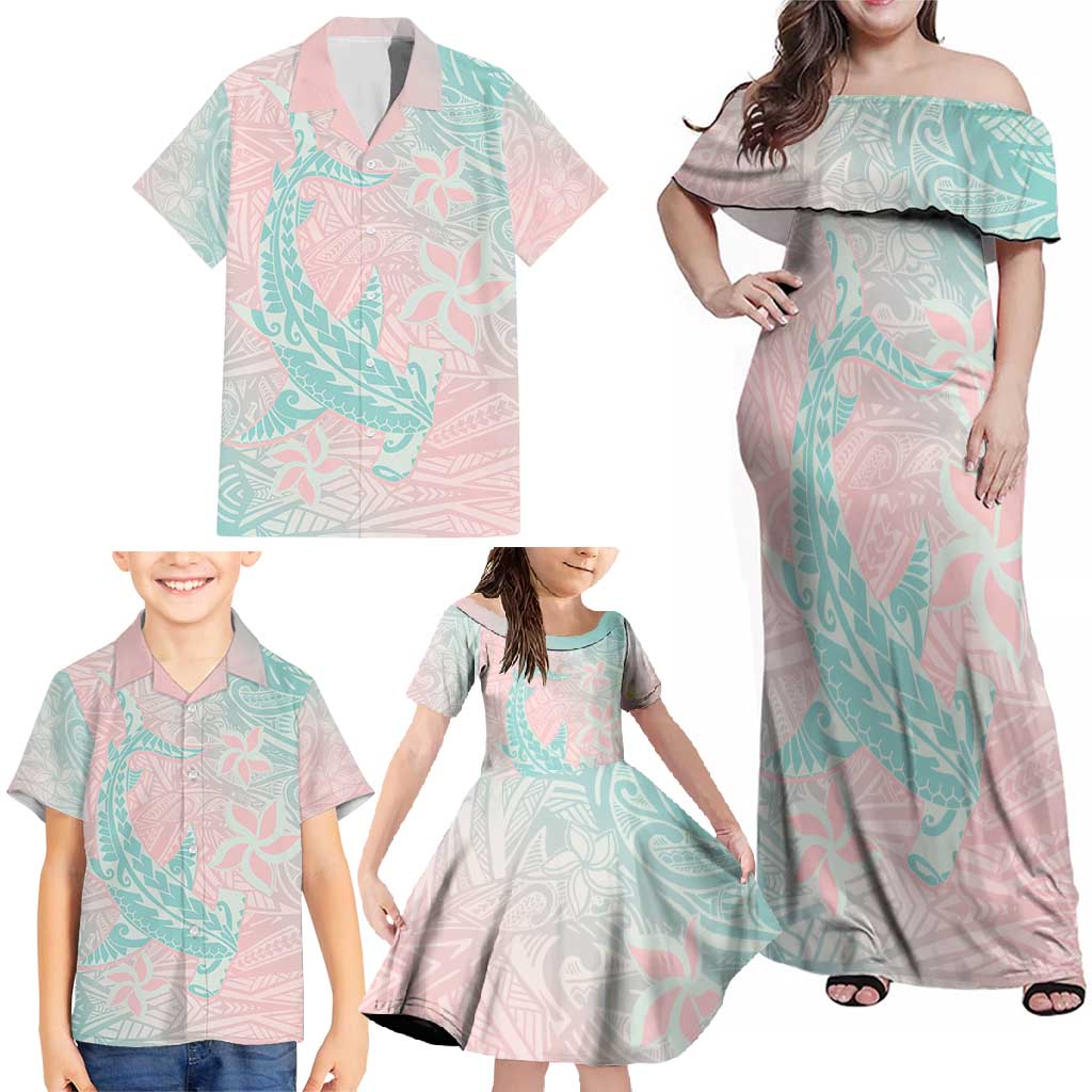 Baby Pink Gradient Polynesia Family Matching Off Shoulder Maxi Dress and Hawaiian Shirt Hawaiian Tribal Hammerhead Shark Tattoo