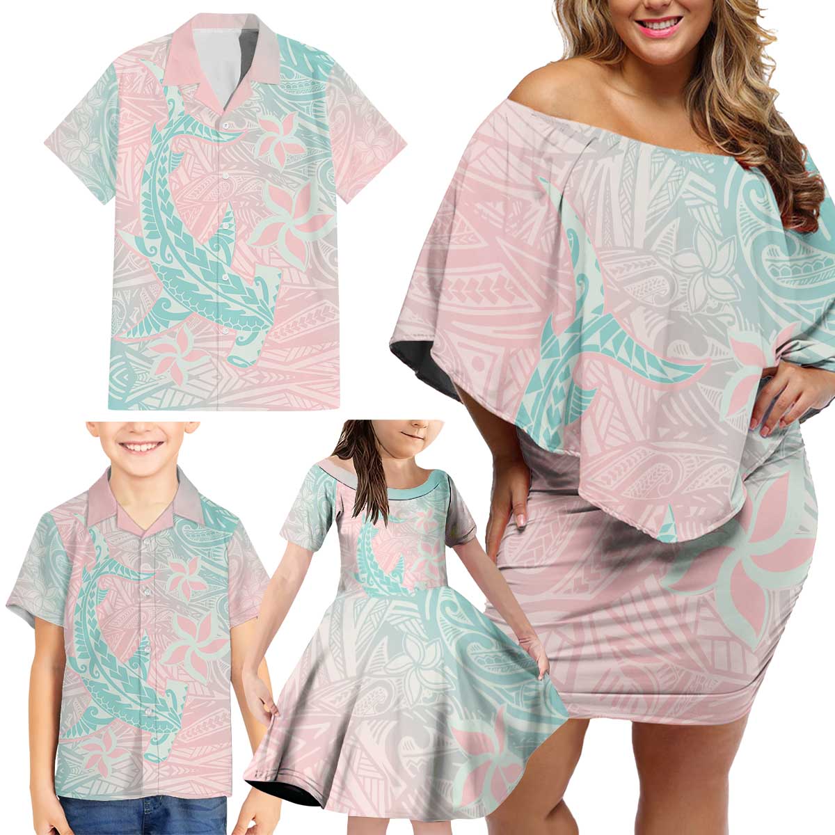 Baby Pink Gradient Polynesia Family Matching Off Shoulder Short Dress and Hawaiian Shirt Hawaiian Tribal Hammerhead Shark Tattoo