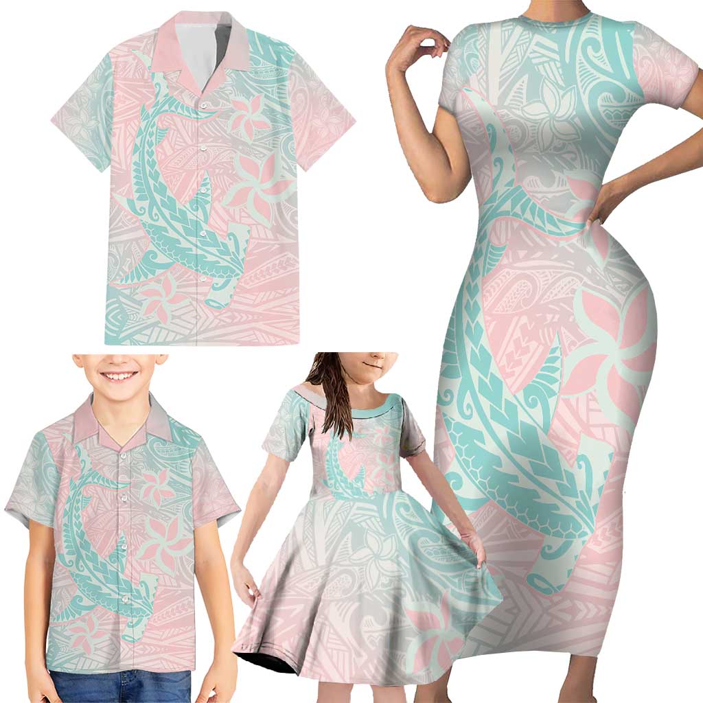 Baby Pink Gradient Polynesia Family Matching Short Sleeve Bodycon Dress and Hawaiian Shirt Hawaiian Tribal Hammerhead Shark Tattoo LT14 - Polynesian Pride