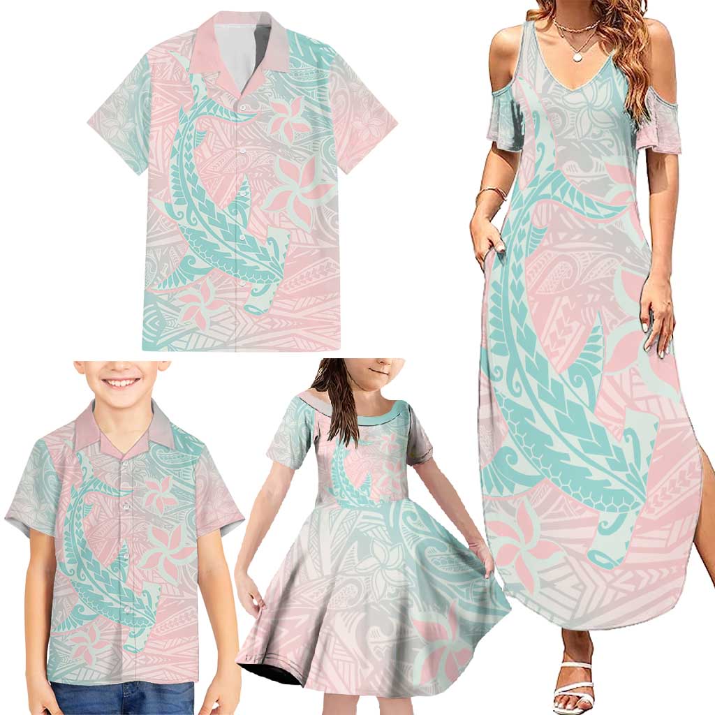 Baby Pink Gradient Polynesia Family Matching Summer Maxi Dress and Hawaiian Shirt Hawaiian Tribal Hammerhead Shark Tattoo