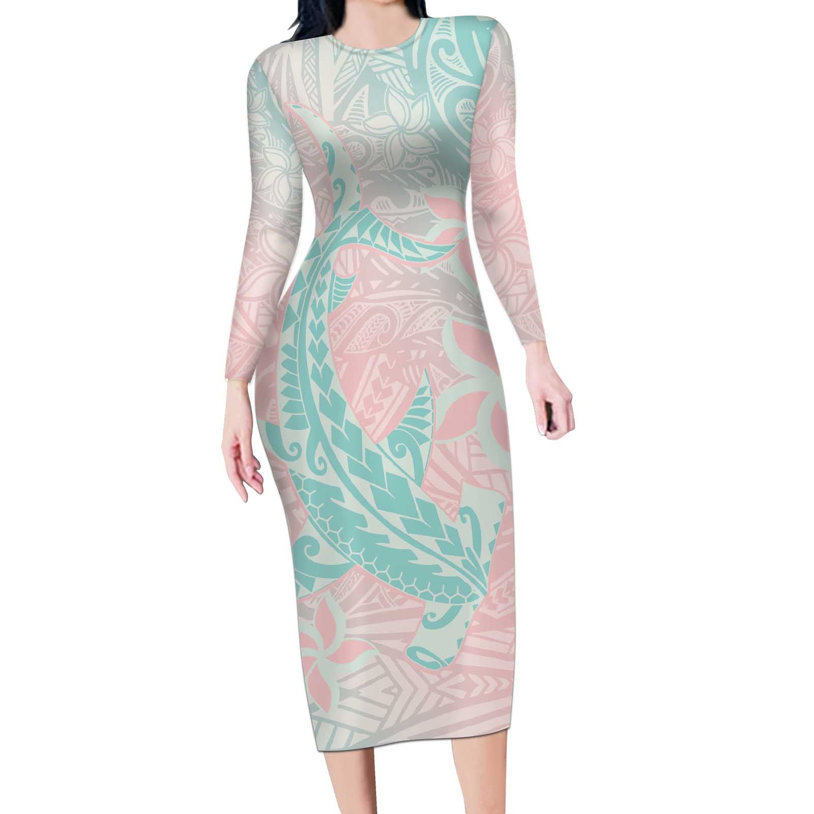 Baby Pink Gradient Polynesia Long Sleeve Bodycon Dress Hawaiian Tribal Hammerhead Shark Tattoo