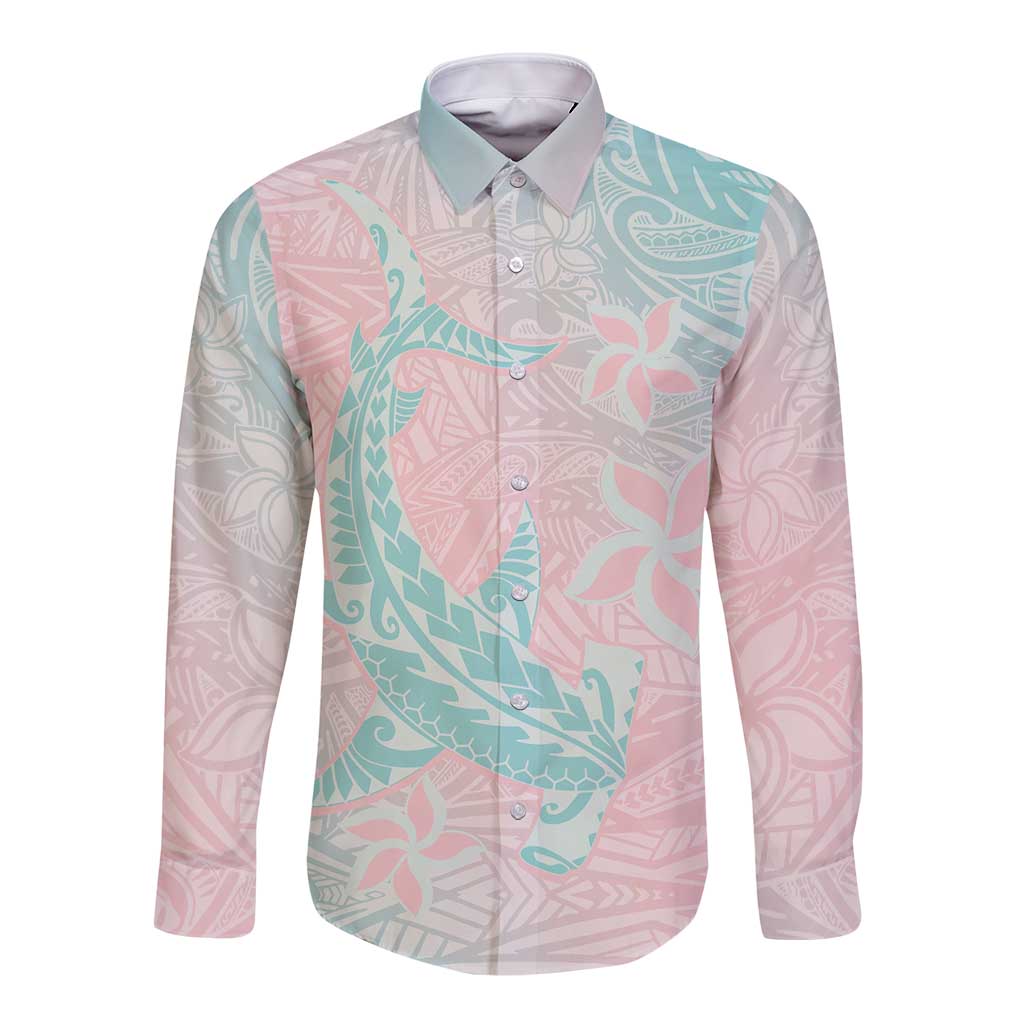 Baby Pink Gradient Polynesia Long Sleeve Button Shirt Hawaiian Tribal Hammerhead Shark Tattoo