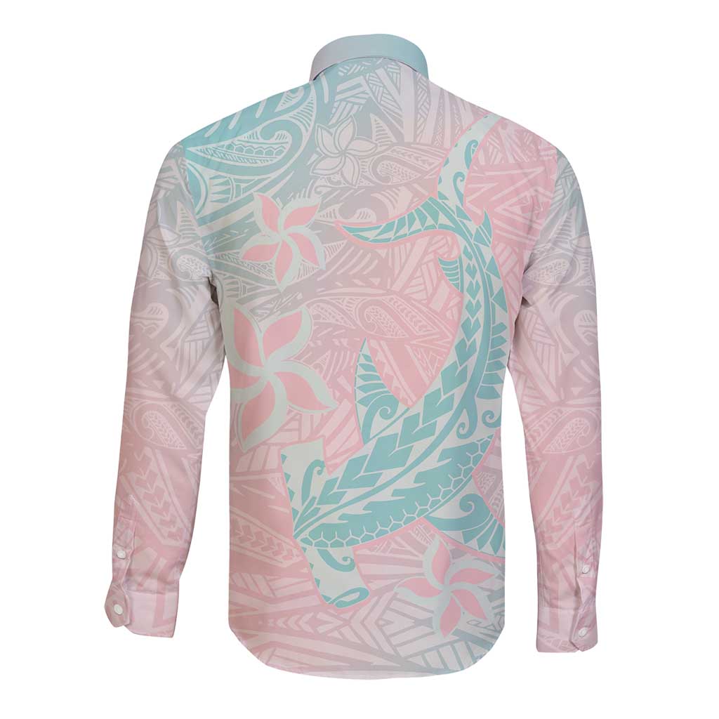 Baby Pink Gradient Polynesia Long Sleeve Button Shirt Hawaiian Tribal Hammerhead Shark Tattoo