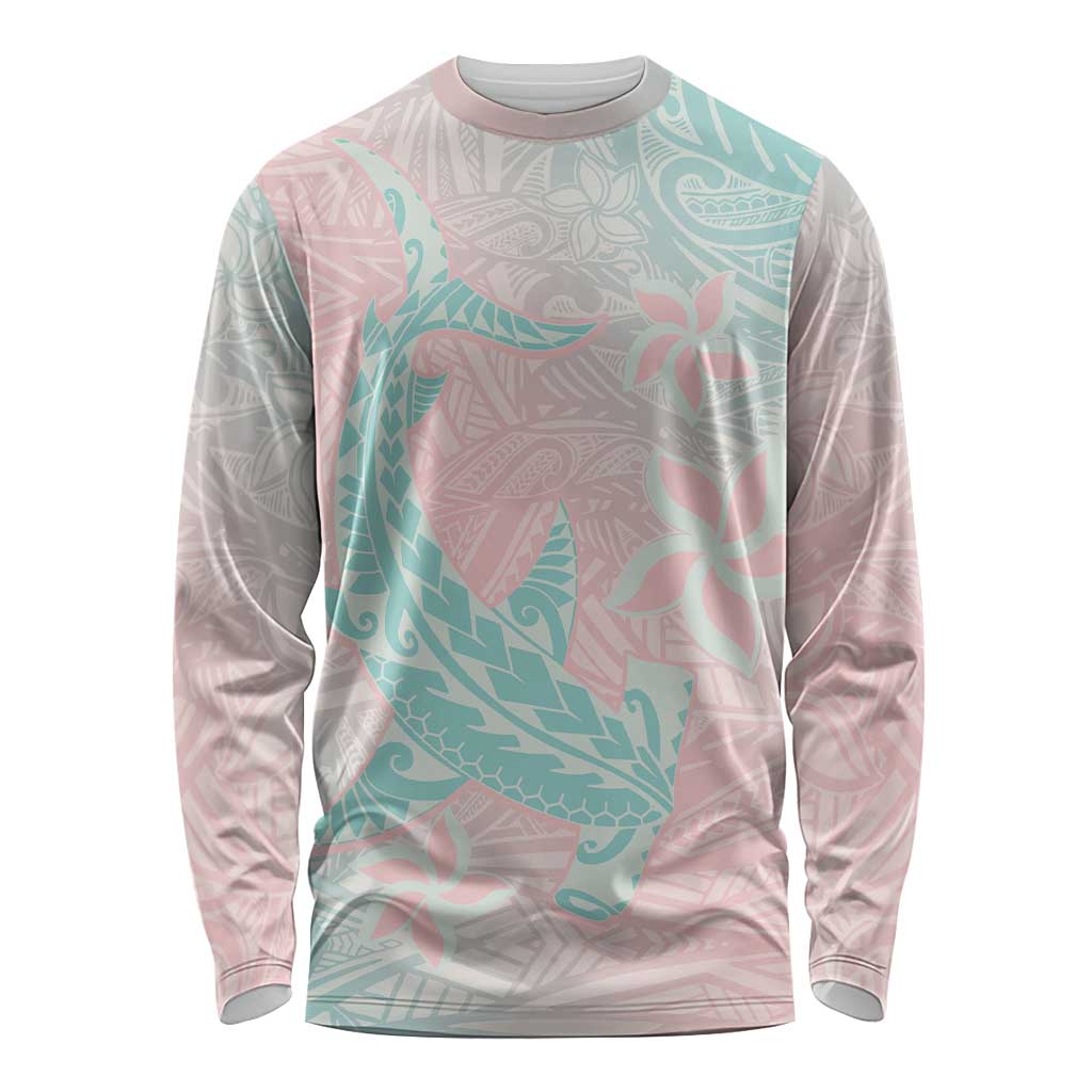 Baby Pink Gradient Polynesia Long Sleeve Shirt Hawaiian Tribal Hammerhead Shark Tattoo