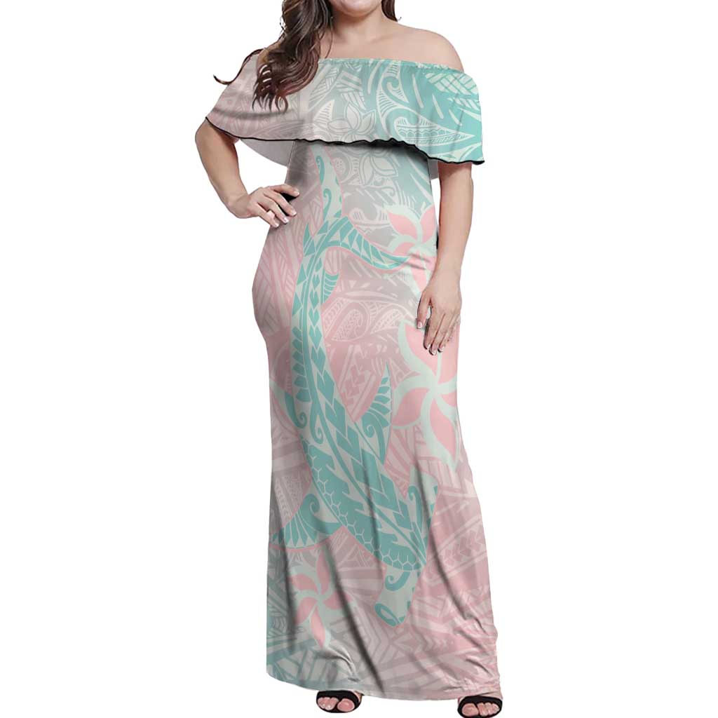 Baby Pink Gradient Polynesia Off Shoulder Maxi Dress Hawaiian Tribal Hammerhead Shark Tattoo