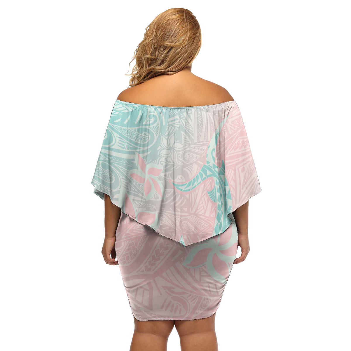 Baby Pink Gradient Polynesia Off Shoulder Short Dress Hawaiian Tribal Hammerhead Shark Tattoo