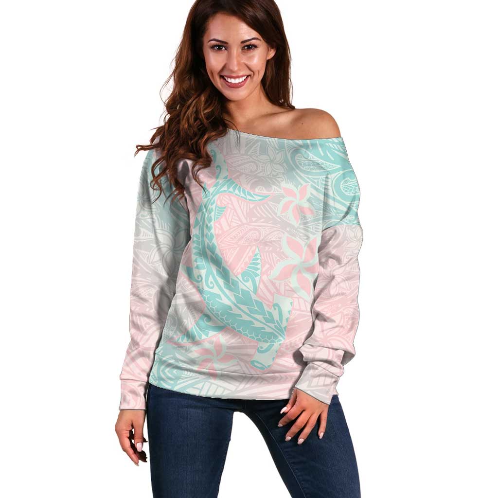 Baby Pink Gradient Polynesia Off Shoulder Sweater Hawaiian Tribal Hammerhead Shark Tattoo